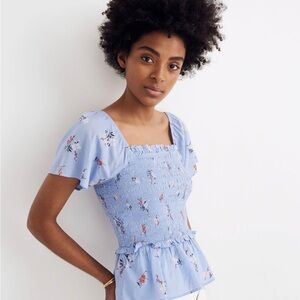 Madewell Blue Floral Smocked Blouse